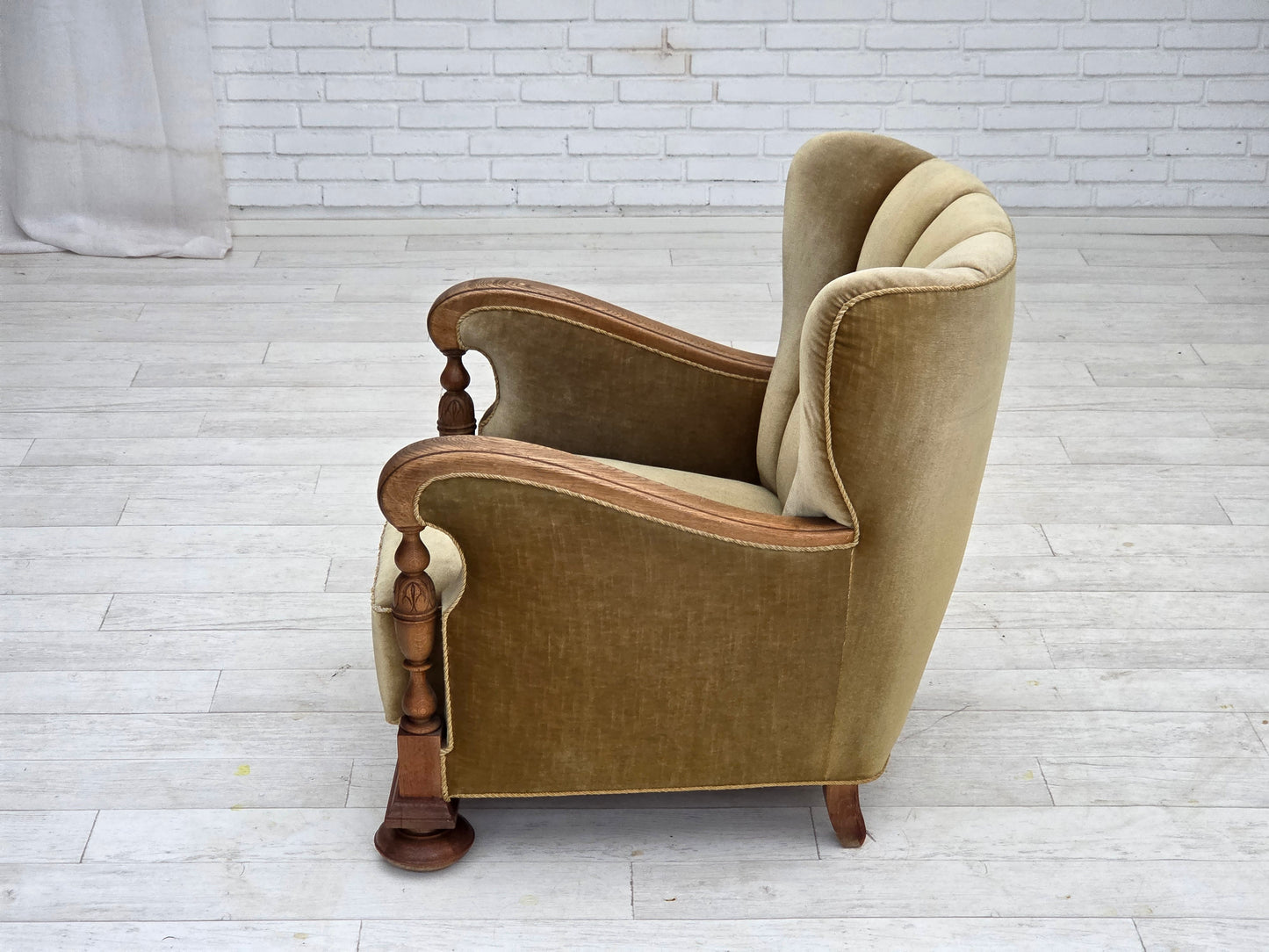 1960s, Danish armchair, green furniture velour, solid carved oak wood.