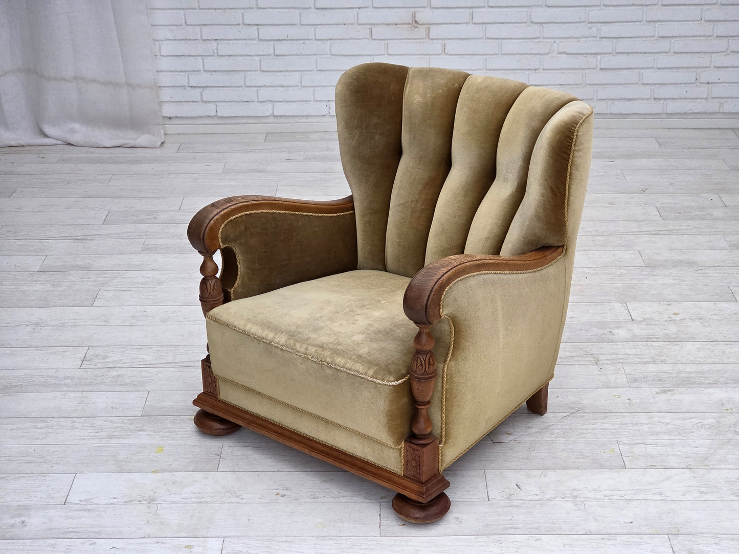 1960s, Danish armchair, green furniture velour, solid carved oak wood.
