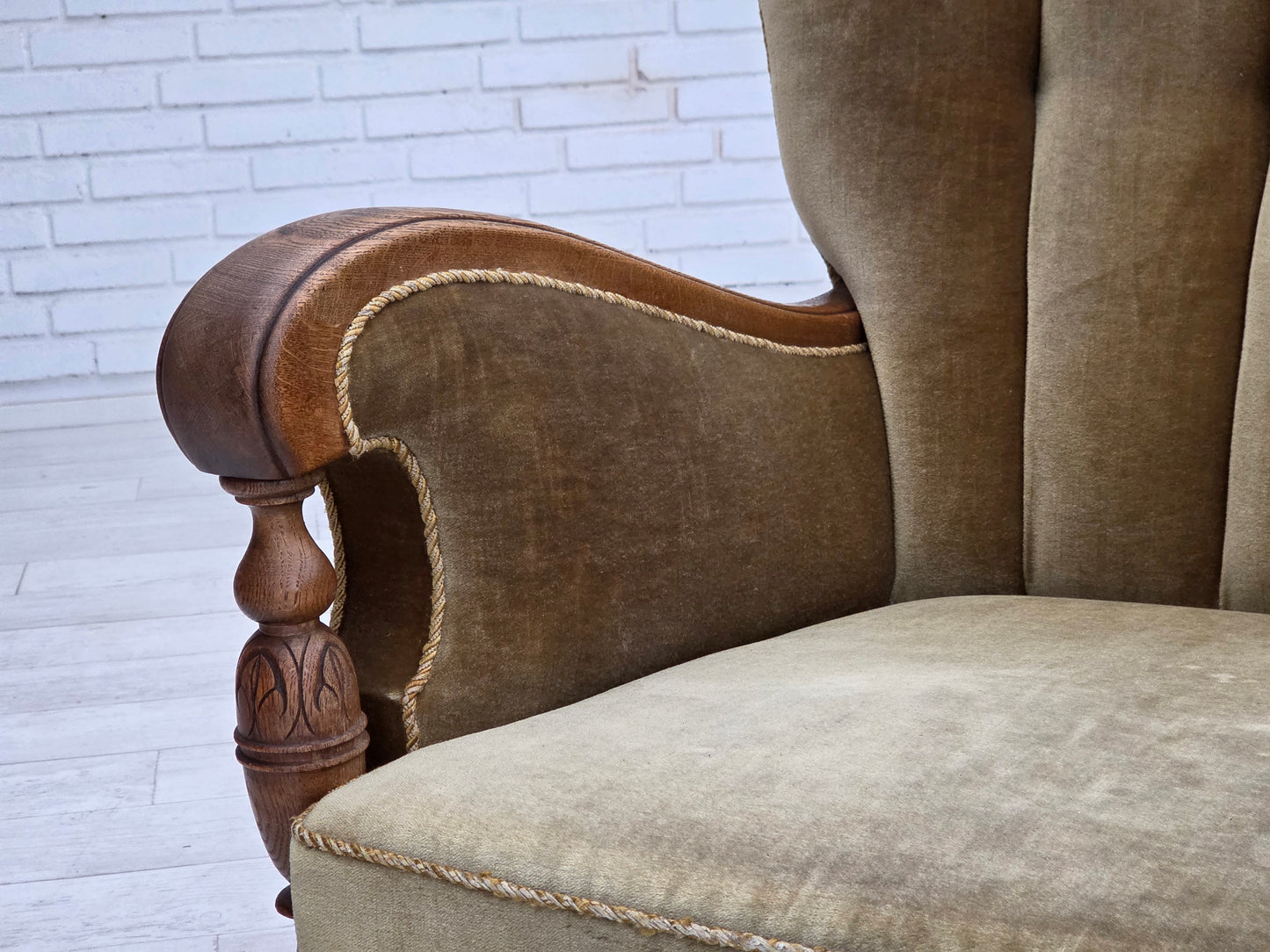 1960s, Danish armchair, green furniture velour, solid carved oak wood.