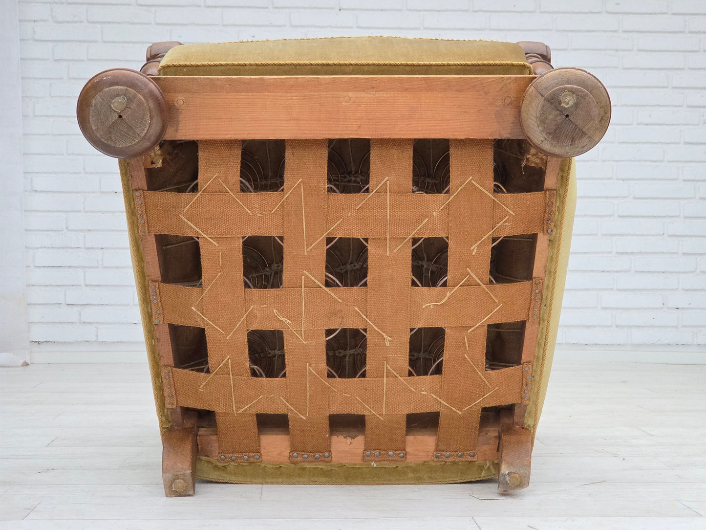 1960s, Danish armchair, green furniture velour, solid carved oak wood.