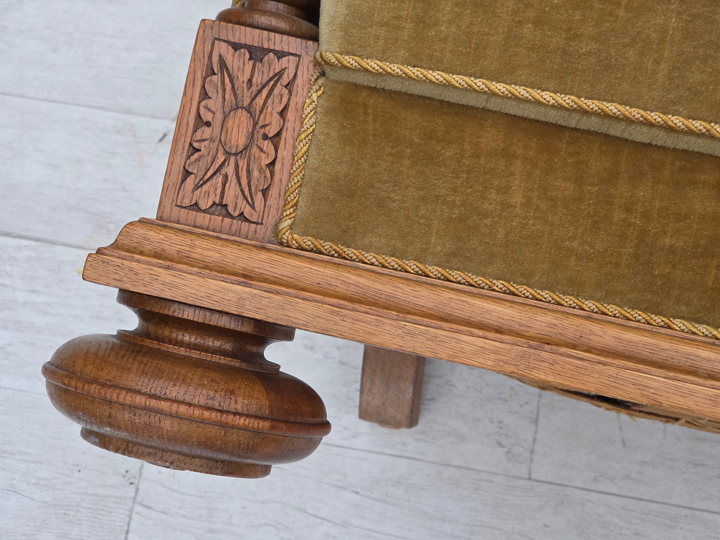 1960s, Danish armchair, green furniture velour, solid carved oak wood.