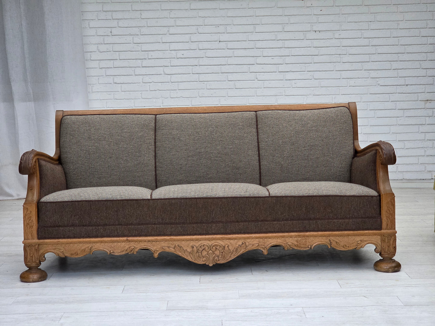 1950s, Danish 3-seater sofa, furniture wool, solid carved oak wood.