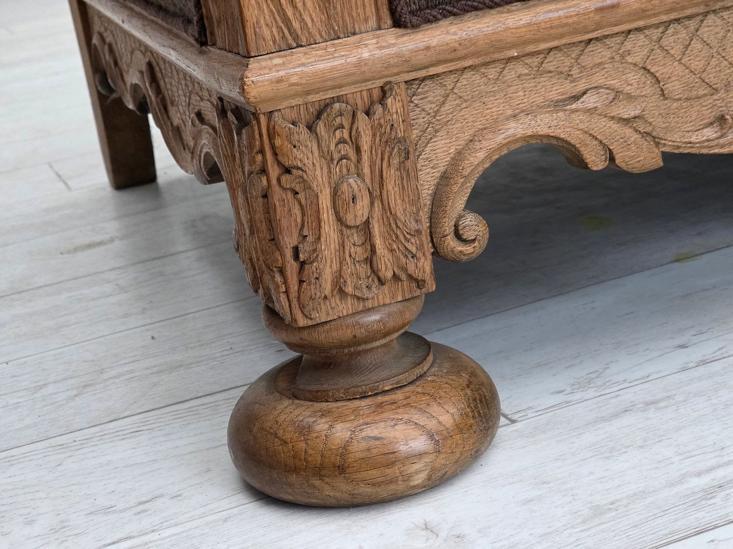 1950s, Danish 3-seater sofa, furniture wool, solid carved oak wood.