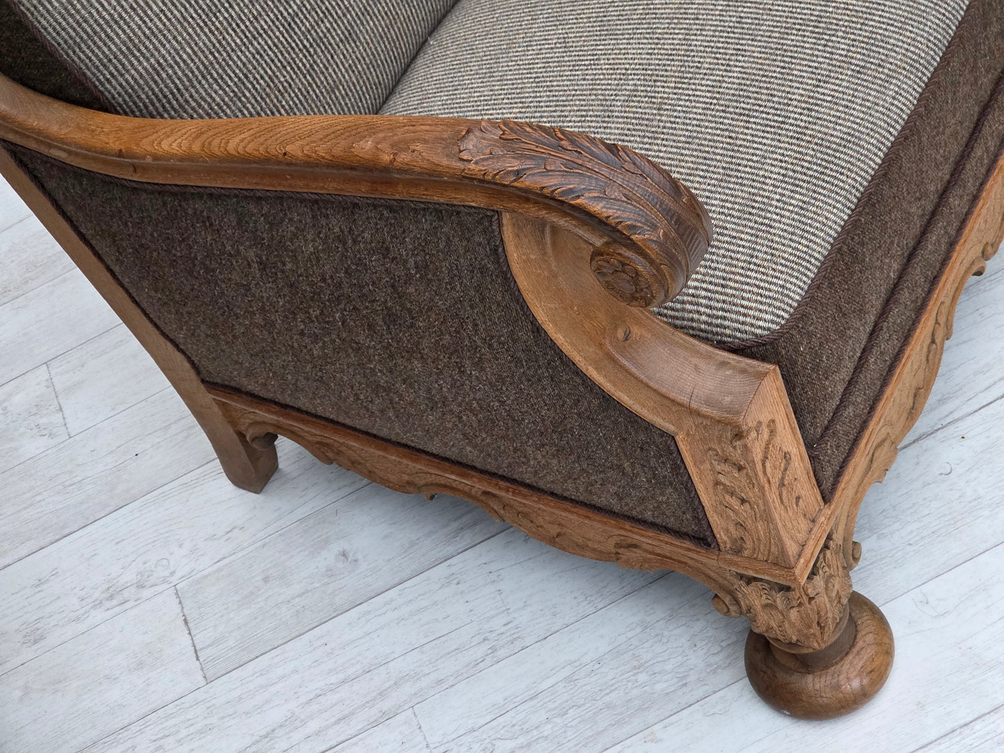 1950s, Danish 3-seater sofa, furniture wool, solid carved oak wood.