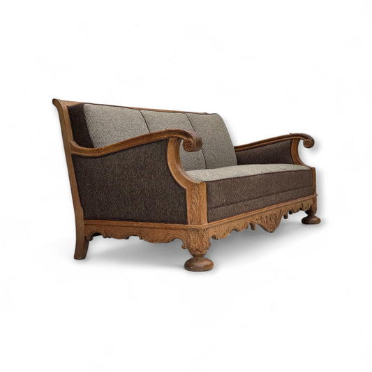 1950s, Danish 3-seater sofa, furniture wool, solid carved oak wood.