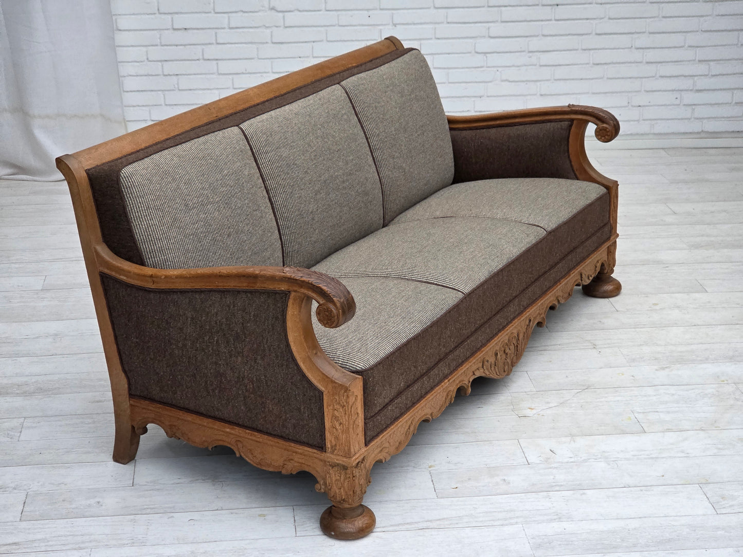 1950s, Danish 3-seater sofa, furniture wool, solid carved oak wood.