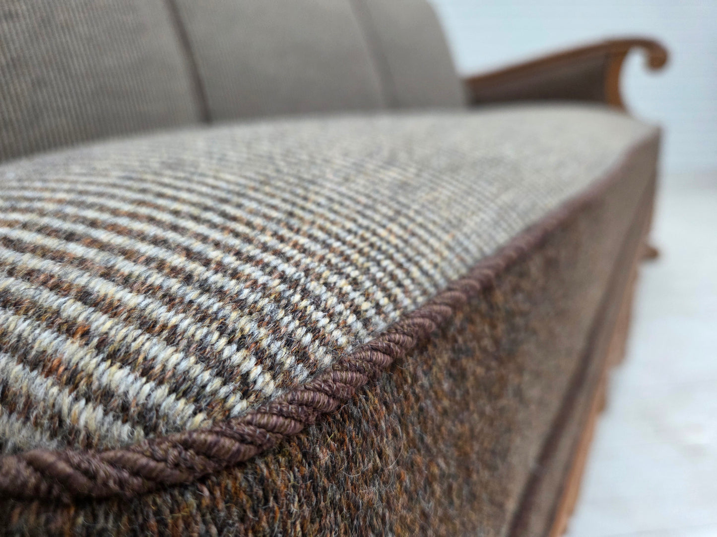 1950s, Danish 3-seater sofa, furniture wool, solid carved oak wood.