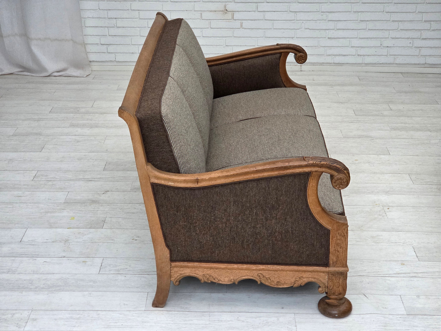 1950s, Danish 3-seater sofa, furniture wool, solid carved oak wood.