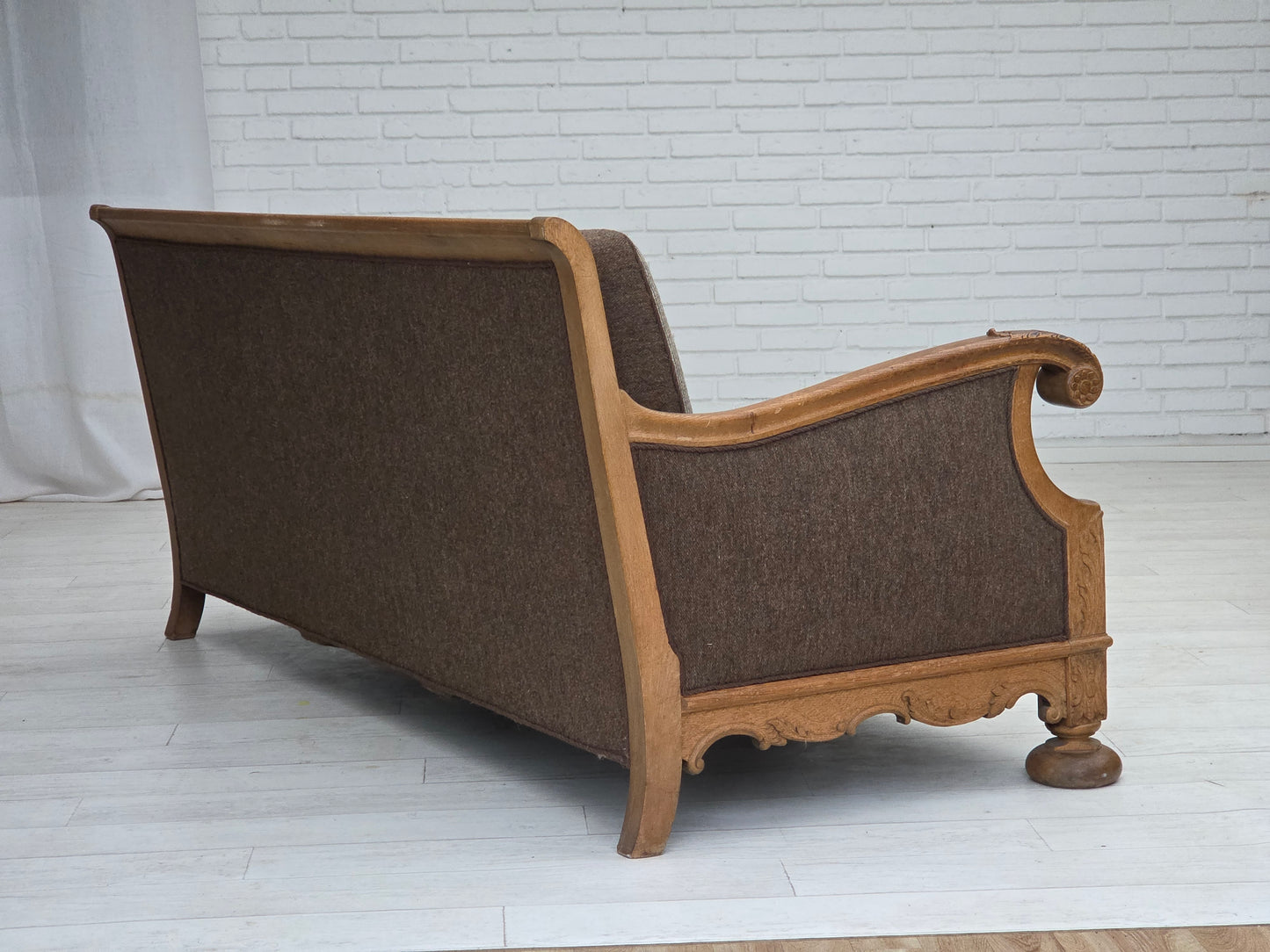 1950s, Danish 3-seater sofa, furniture wool, solid carved oak wood.