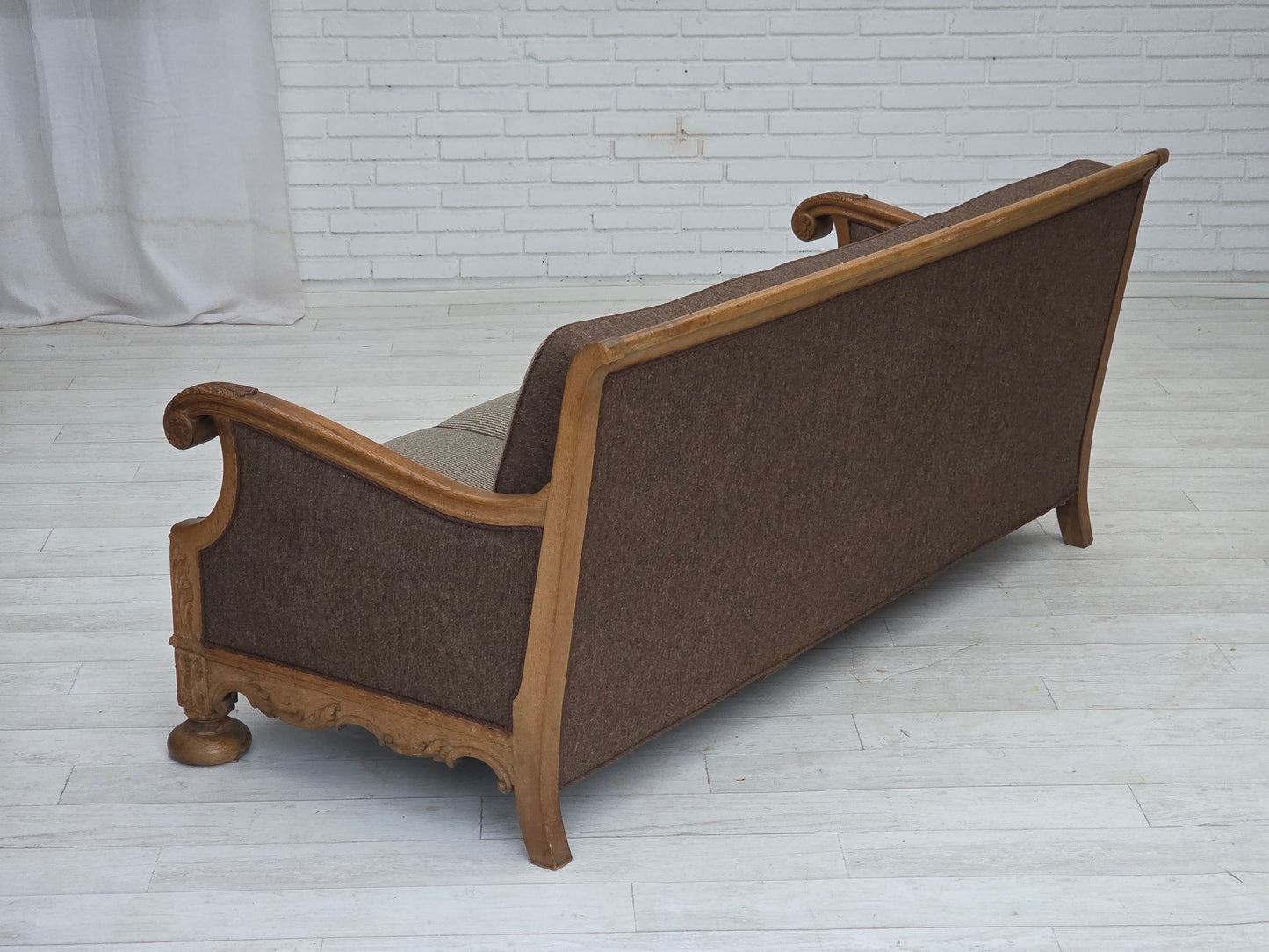 1950s, Danish 3-seater sofa, furniture wool, solid carved oak wood.