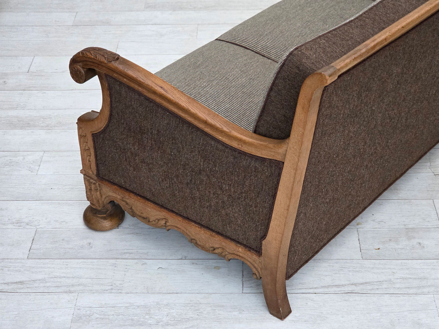 1950s, Danish 3-seater sofa, furniture wool, solid carved oak wood.