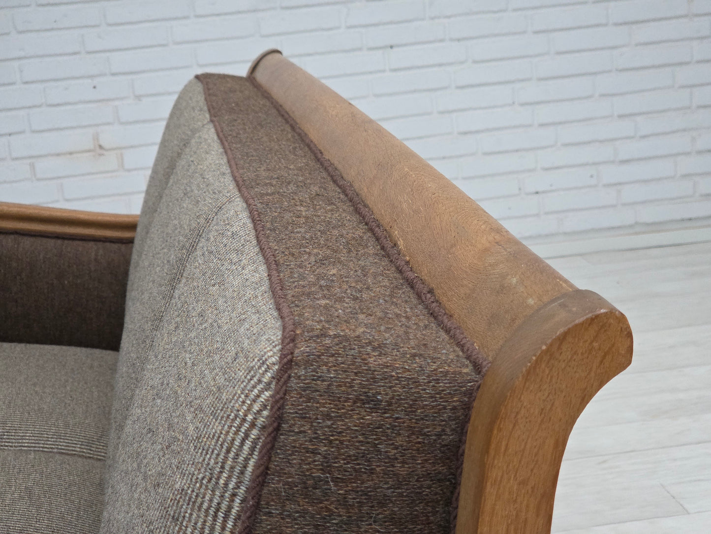 1950s, Danish 3-seater sofa, furniture wool, solid carved oak wood.