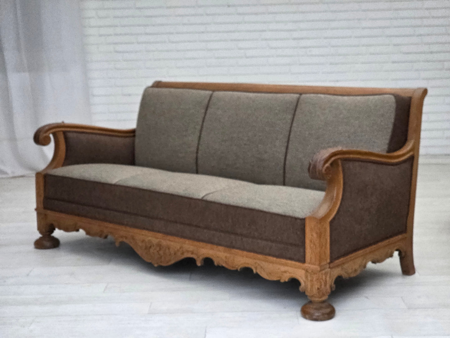 1950s, Danish 3-seater sofa, furniture wool, solid carved oak wood.