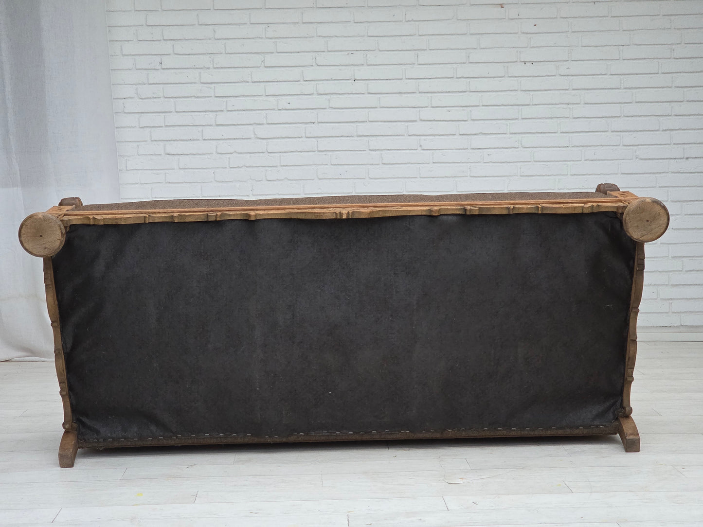 1950s, Danish 3-seater sofa, furniture wool, solid carved oak wood.