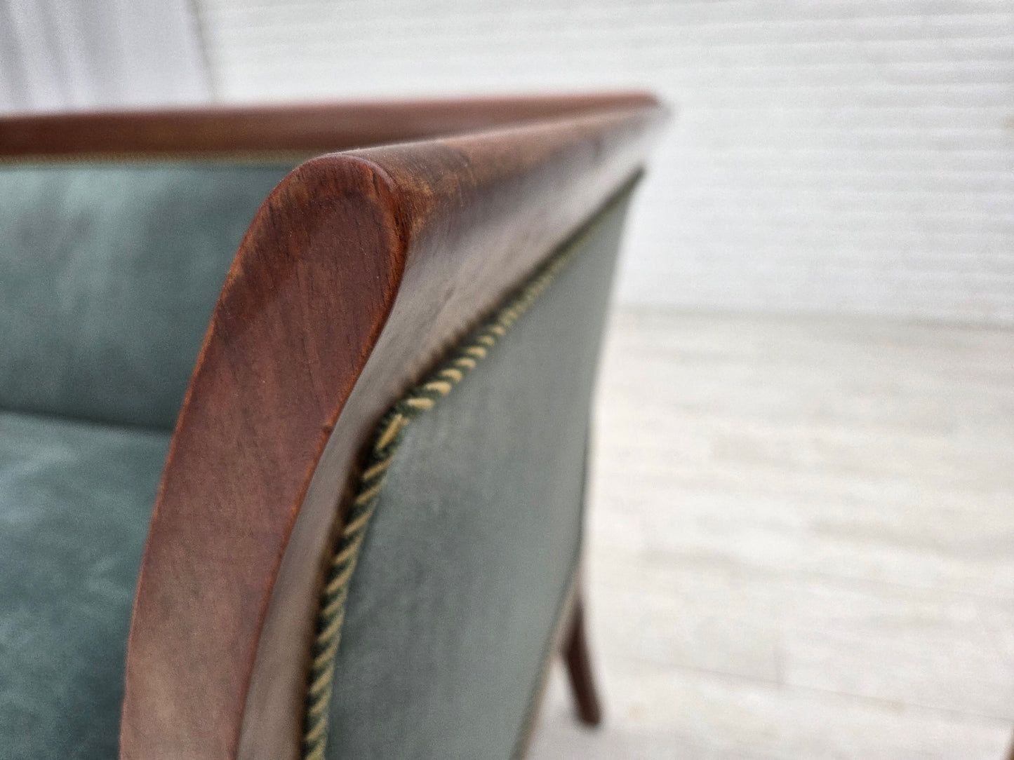 1950s, Danish 3-seater sofa, green/blue furniture velour, ash wood.