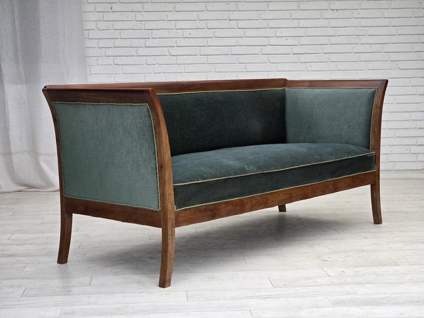1950s, Danish 3-seater sofa, green/blue furniture velour, ash wood.