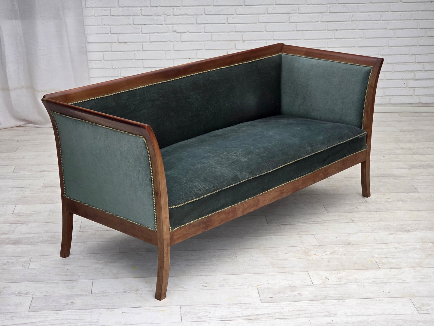1950s, Danish 3-seater sofa, green/blue furniture velour, ash wood.