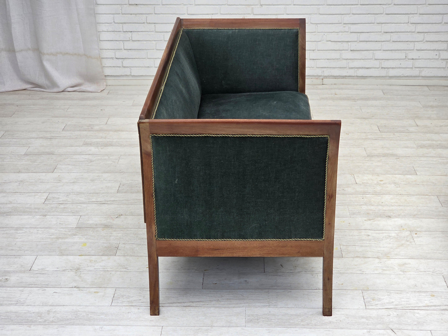 1950s, Danish 3-seater sofa, green/blue furniture velour, ash wood.