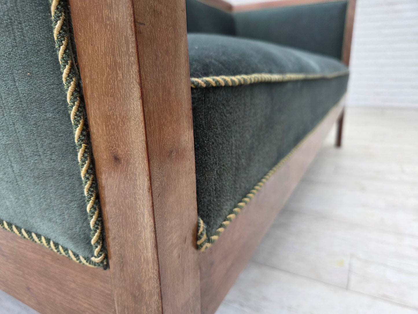 1950s, Danish 3-seater sofa, green/blue furniture velour, ash wood.