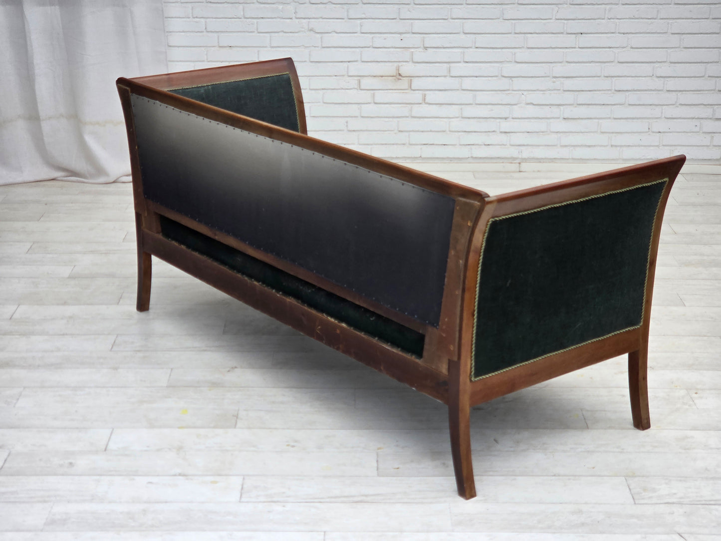 1950s, Danish 3-seater sofa, green/blue furniture velour, ash wood.
