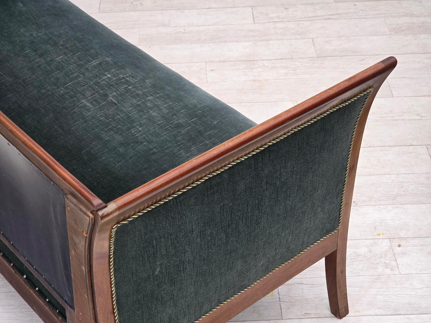 1950s, Danish 3-seater sofa, green/blue furniture velour, ash wood.