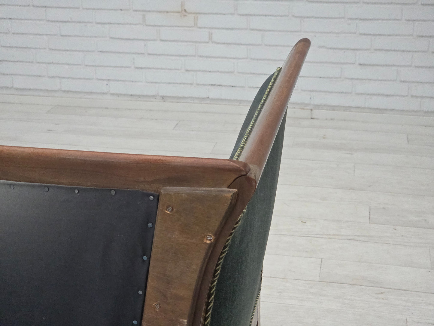 1950s, Danish 3-seater sofa, green/blue furniture velour, ash wood.