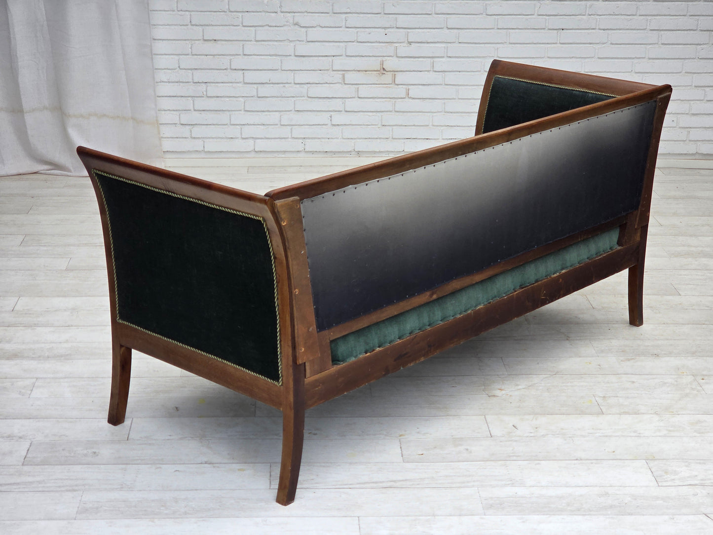 1950s, Danish 3-seater sofa, green/blue furniture velour, ash wood.