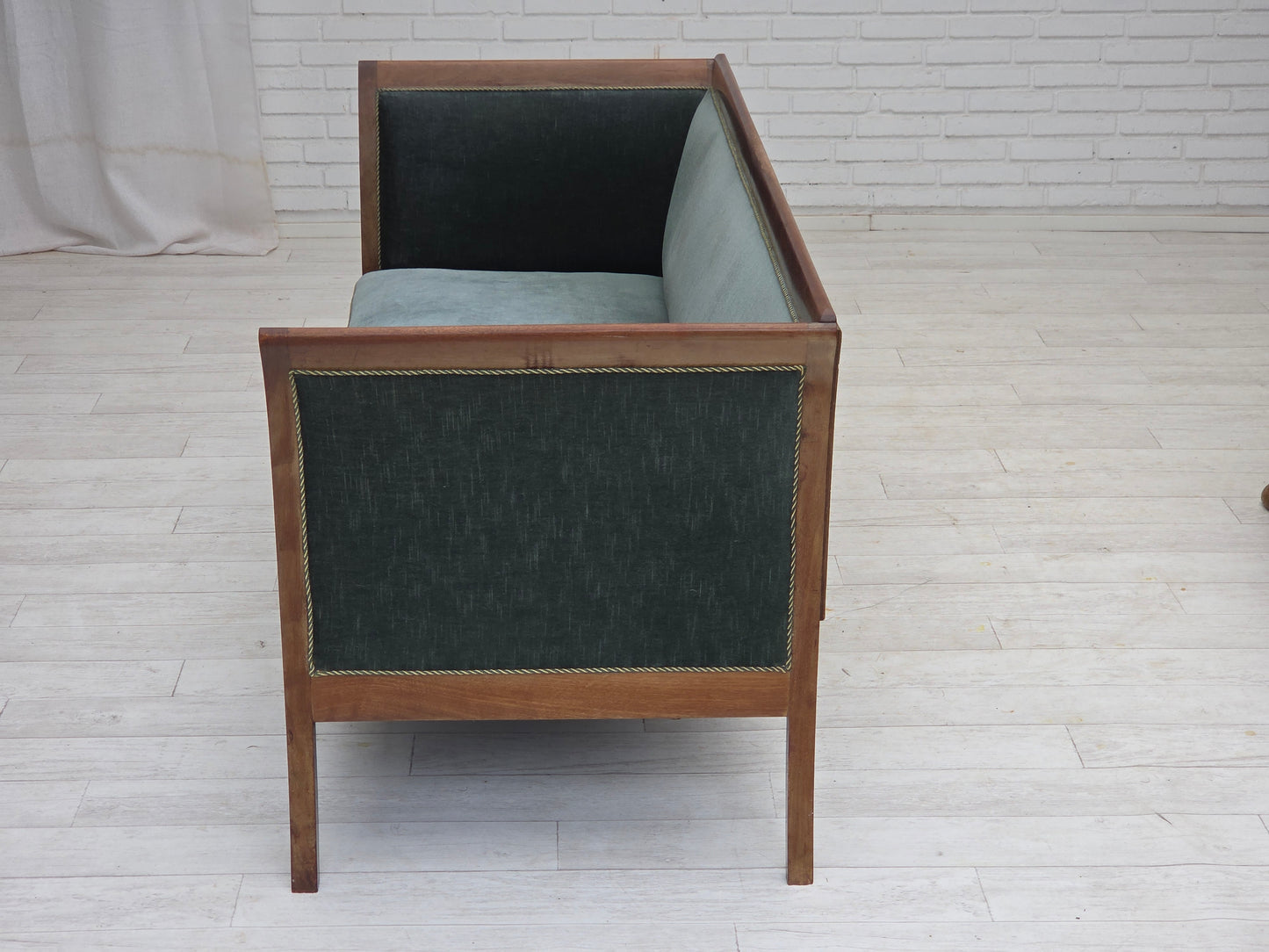 1950s, Danish 3-seater sofa, green/blue furniture velour, ash wood.