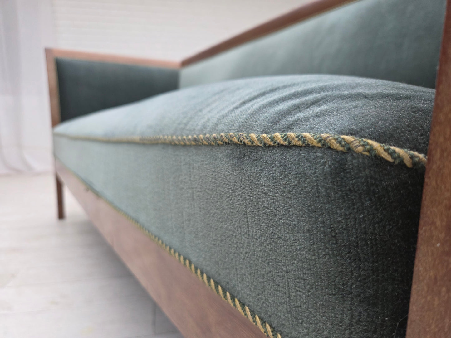 1950s, Danish 3-seater sofa, green/blue furniture velour, ash wood.