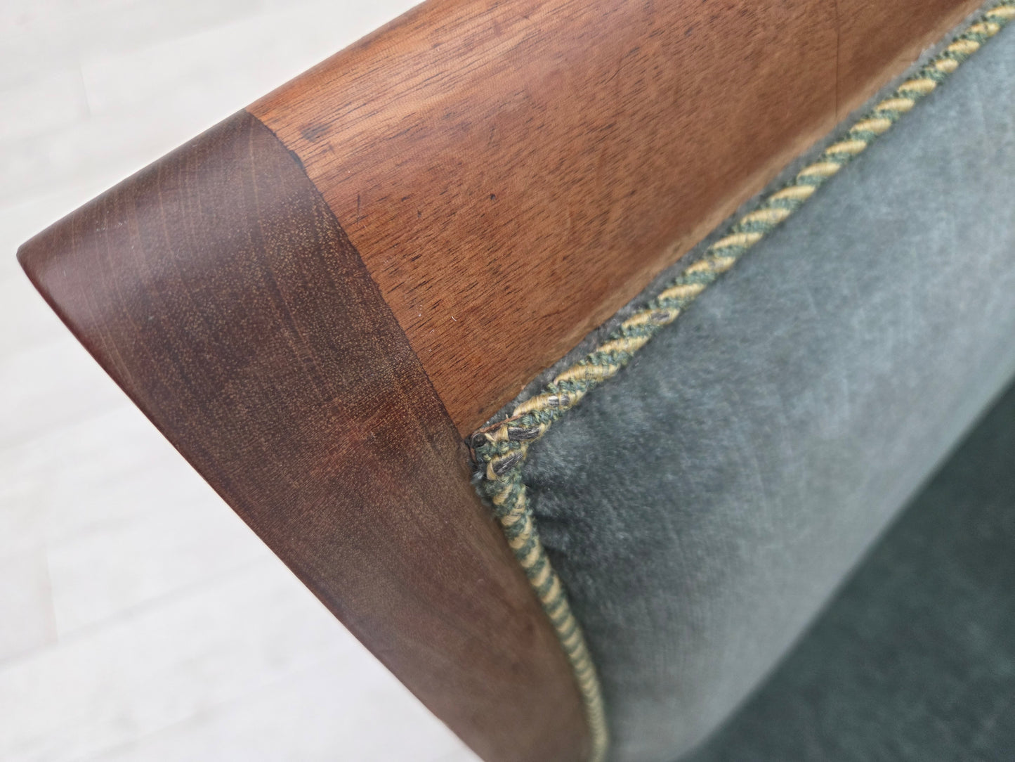 1950s, Danish 3-seater sofa, green/blue furniture velour, ash wood.