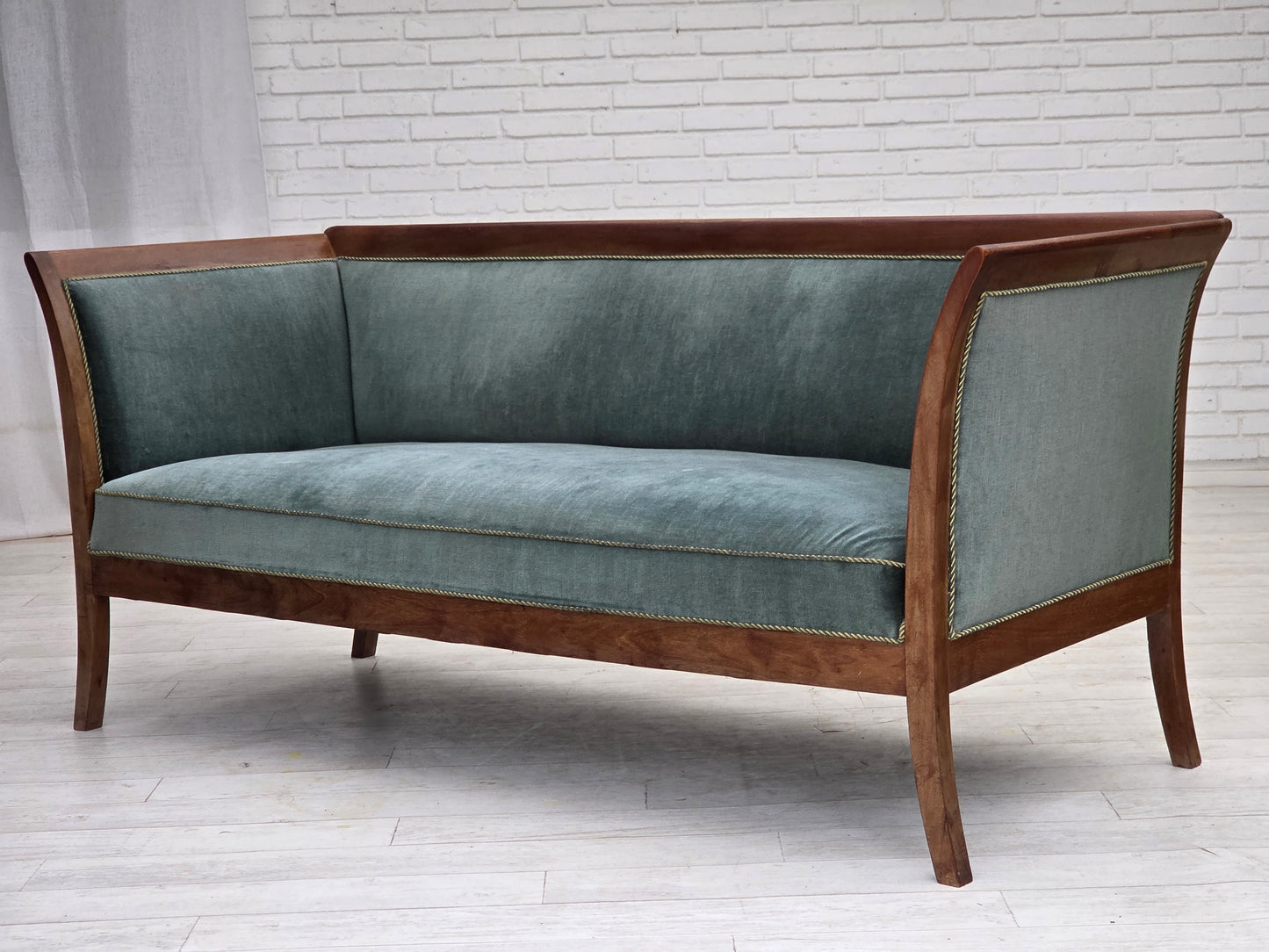 1950s, Danish 3-seater sofa, green/blue furniture velour, ash wood.