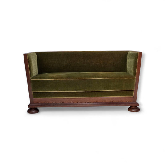 1950s, Danish 2-seater sofa, original green furniture velour, oak wood.