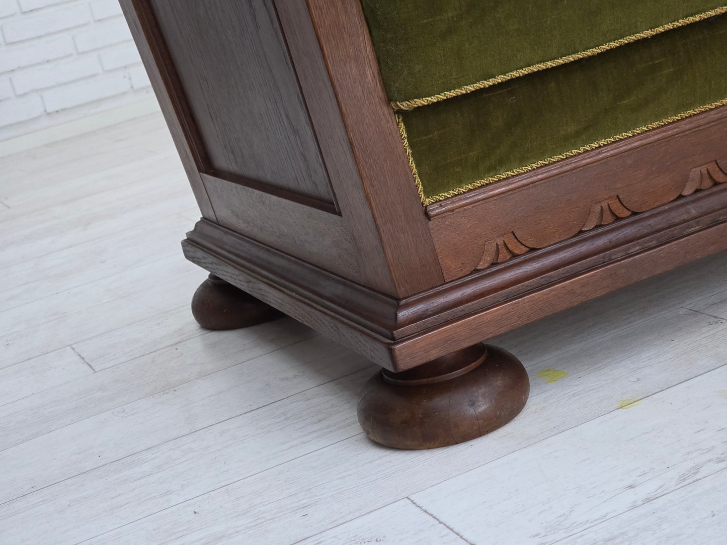 1950s, Danish 2-seater sofa, original green furniture velour, oak wood.