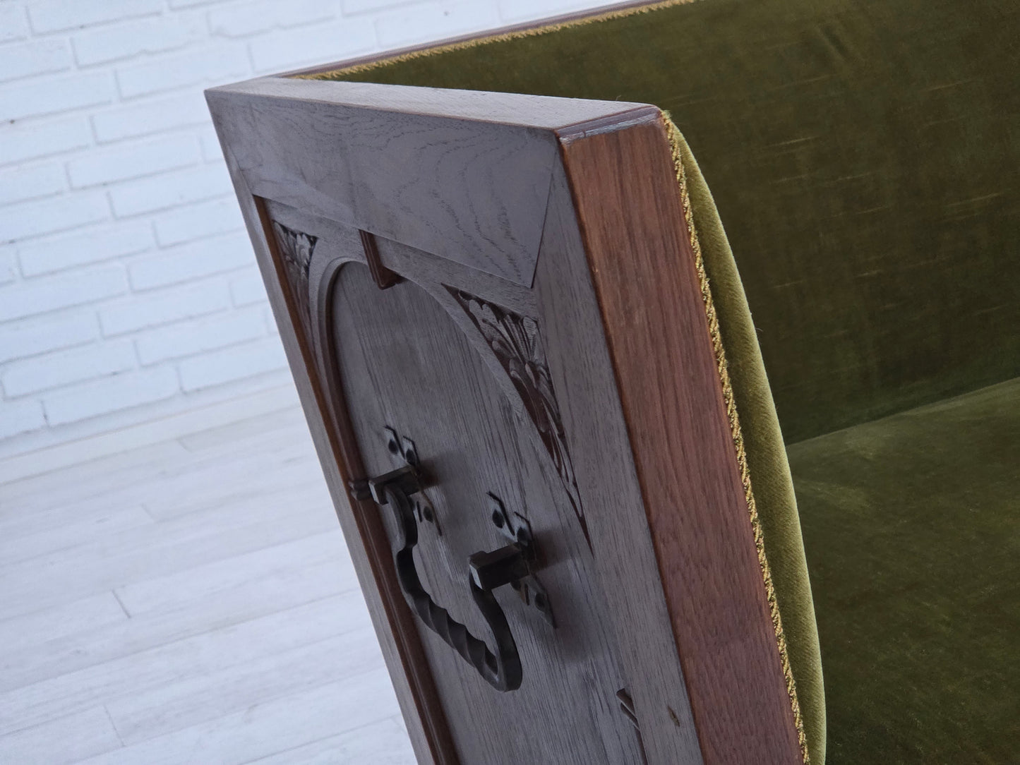 1950s, Danish 2-seater sofa, original green furniture velour, oak wood.