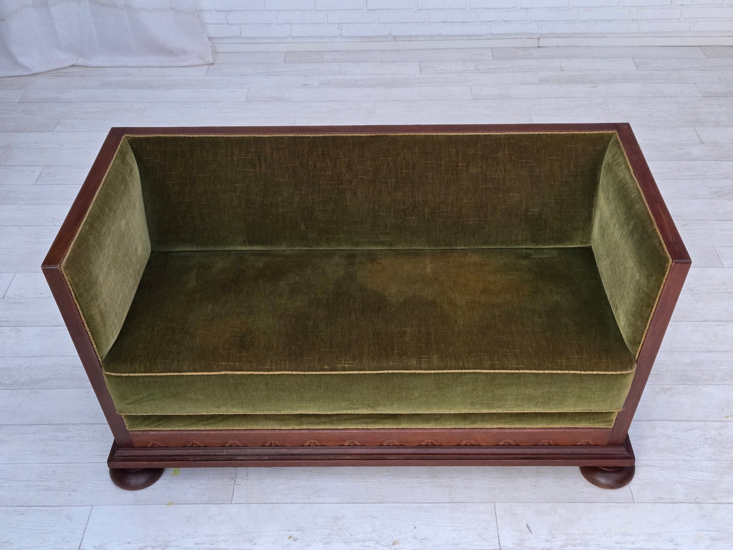 1950s, Danish 2-seater sofa, original green furniture velour, oak wood.