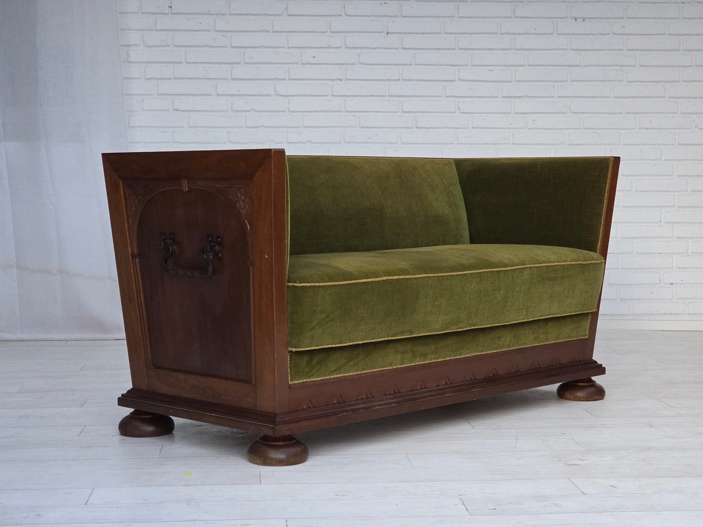 1950s, Danish 2-seater sofa, original green furniture velour, oak wood.