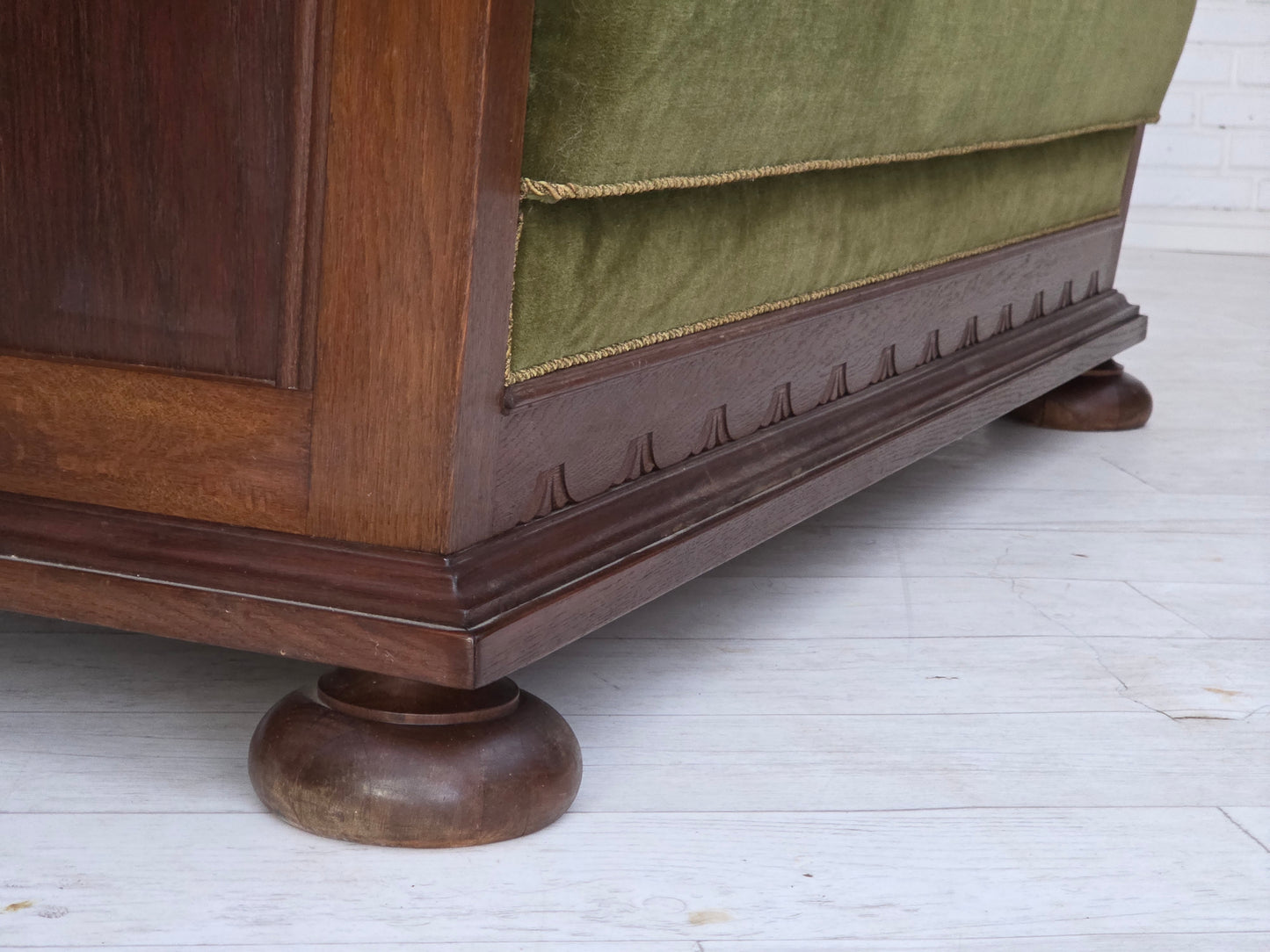 1950s, Danish 2-seater sofa, original green furniture velour, oak wood.