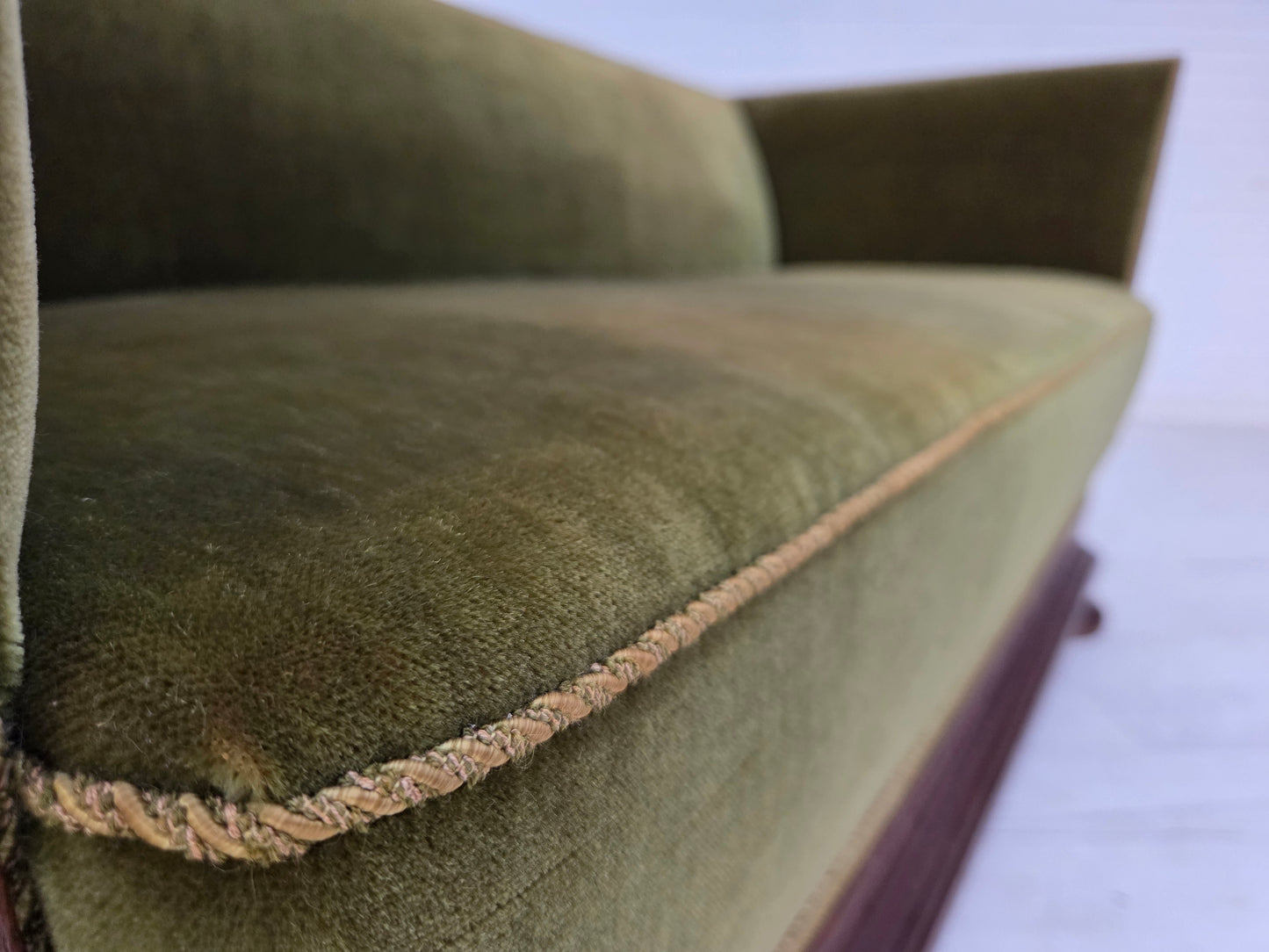 1950s, Danish 2-seater sofa, original green furniture velour, oak wood.