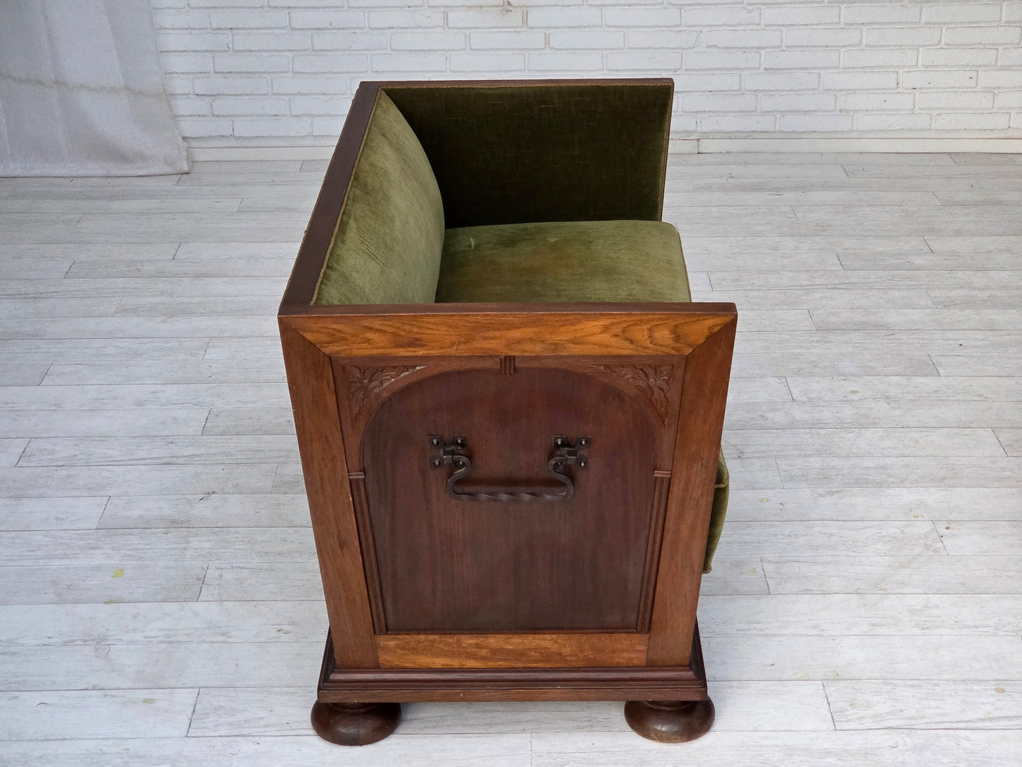 1950s, Danish 2-seater sofa, original green furniture velour, oak wood.