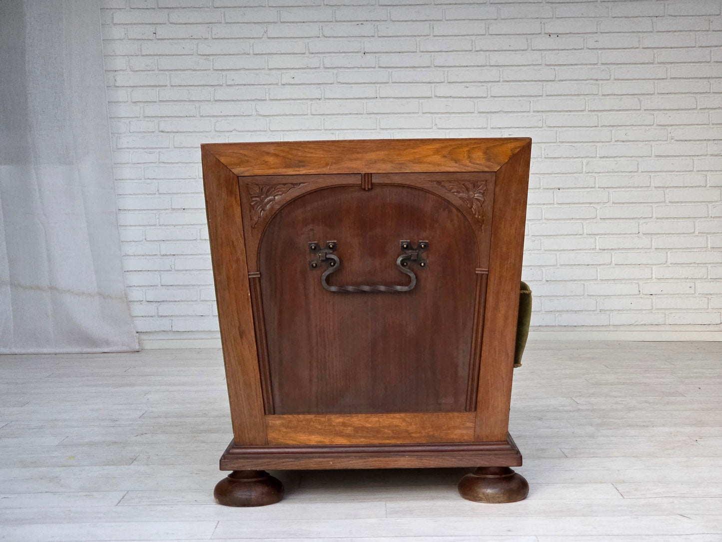 1950s, Danish 2-seater sofa, original green furniture velour, oak wood.