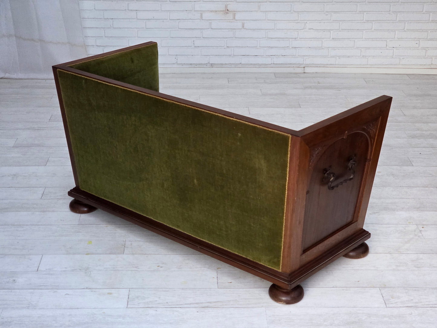 1950s, Danish 2-seater sofa, original green furniture velour, oak wood.