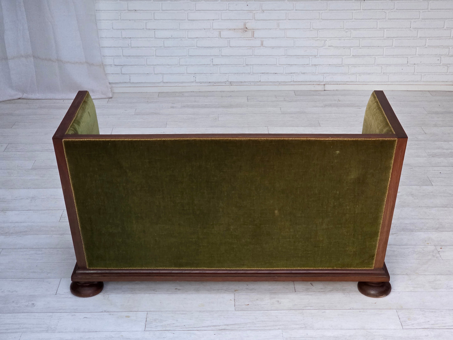 1950s, Danish 2-seater sofa, original green furniture velour, oak wood.