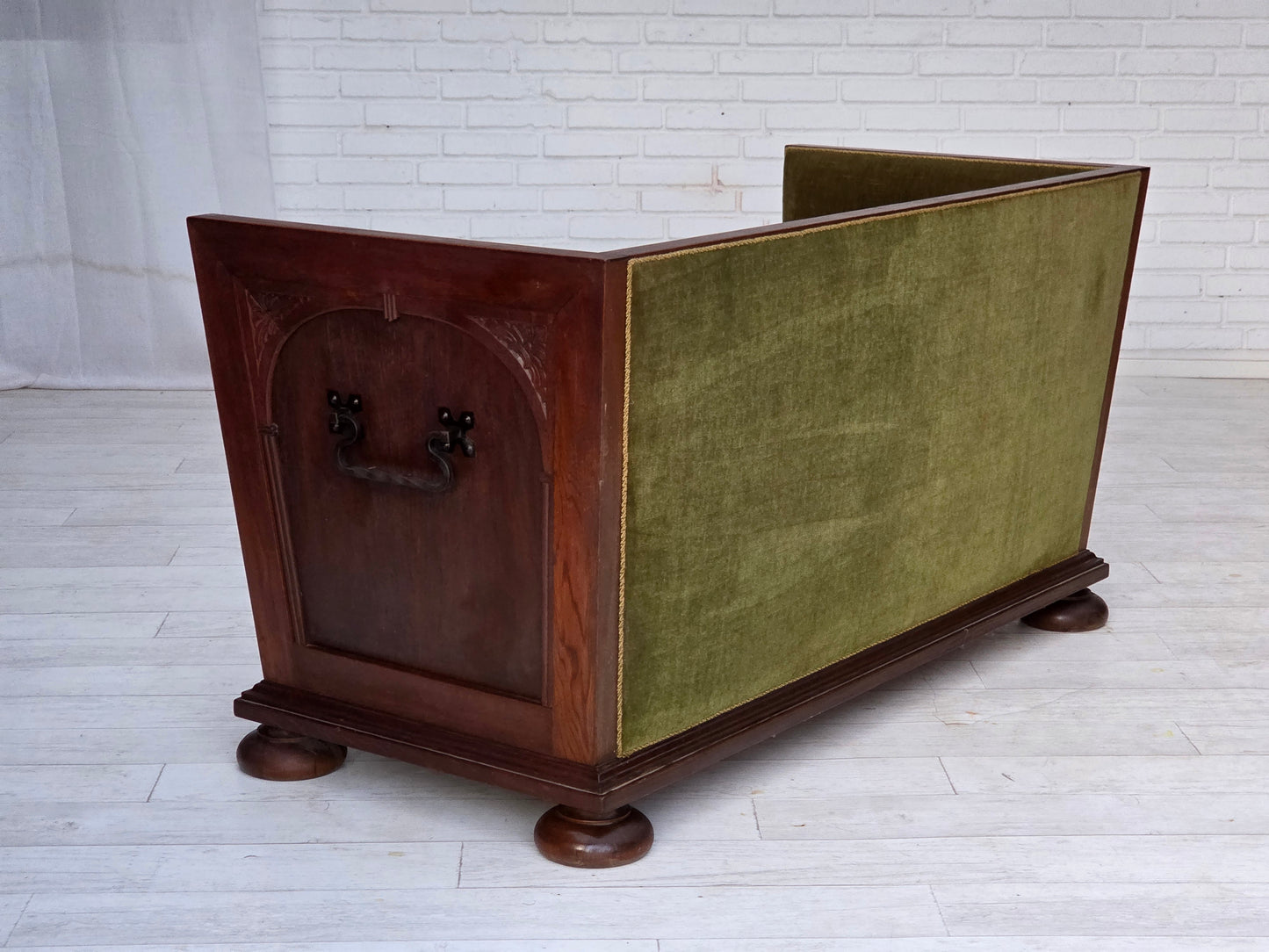 1950s, Danish 2-seater sofa, original green furniture velour, oak wood.