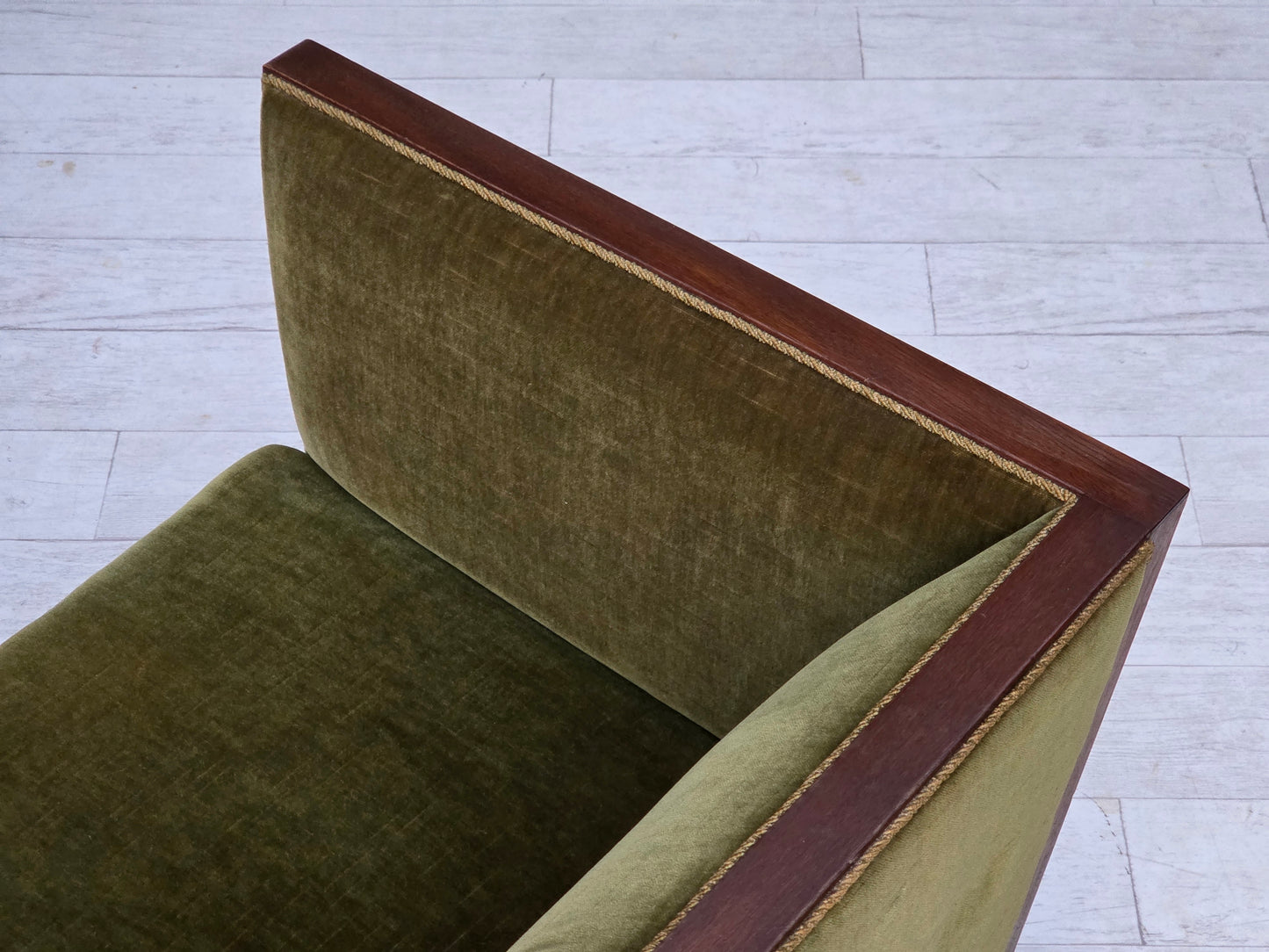 1950s, Danish 2-seater sofa, original green furniture velour, oak wood.