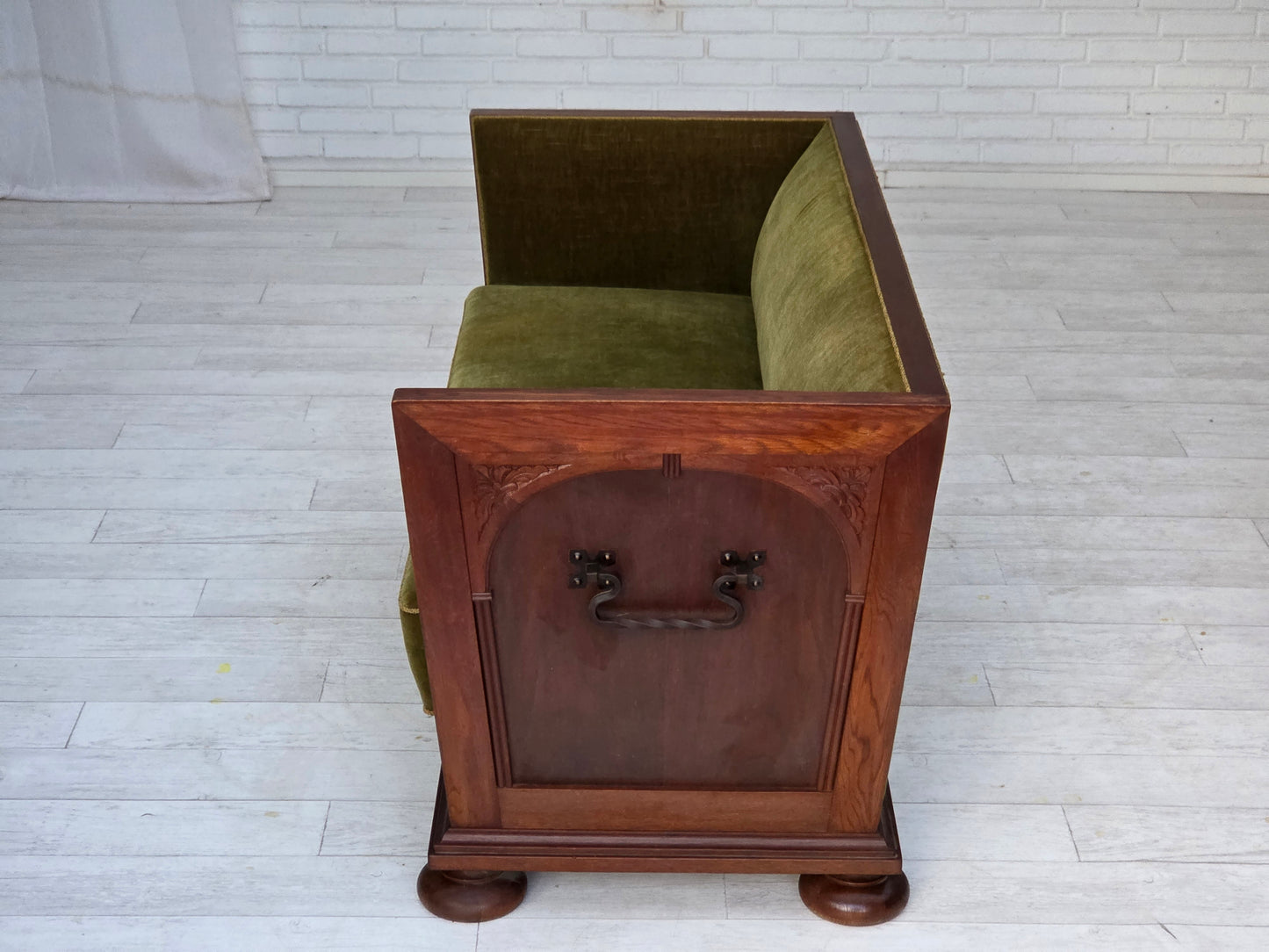 1950s, Danish 2-seater sofa, original green furniture velour, oak wood.