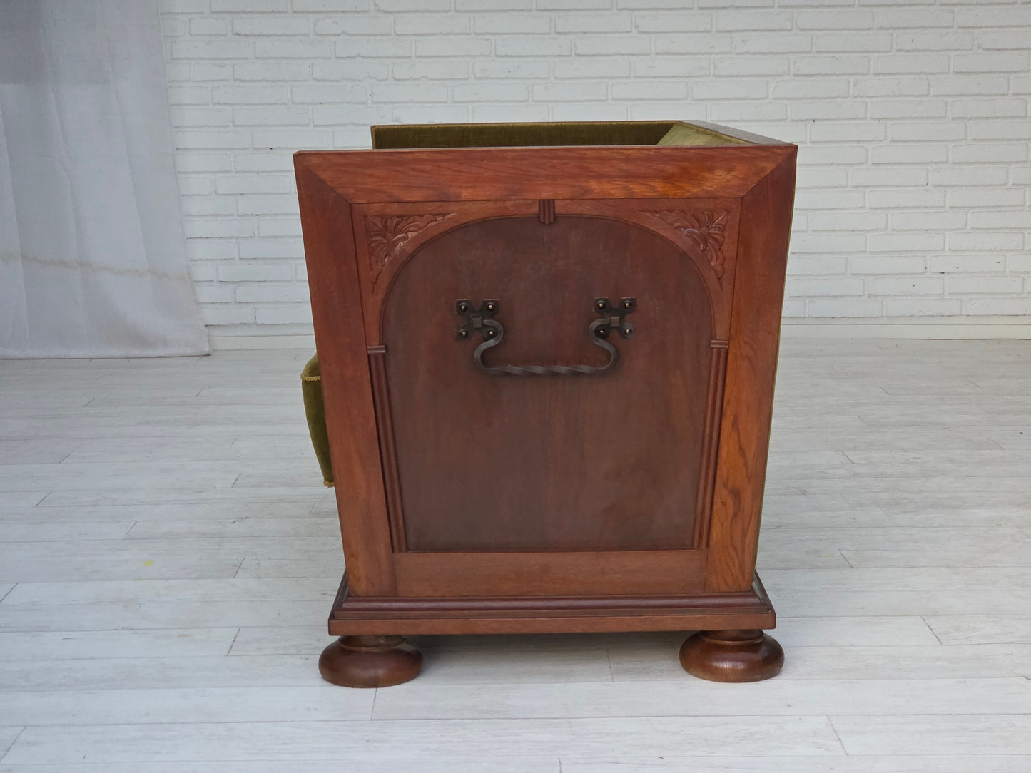 1950s, Danish 2-seater sofa, original green furniture velour, oak wood.