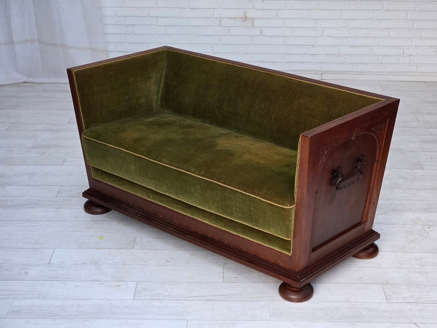 1950s, Danish 2-seater sofa, original green furniture velour, oak wood.