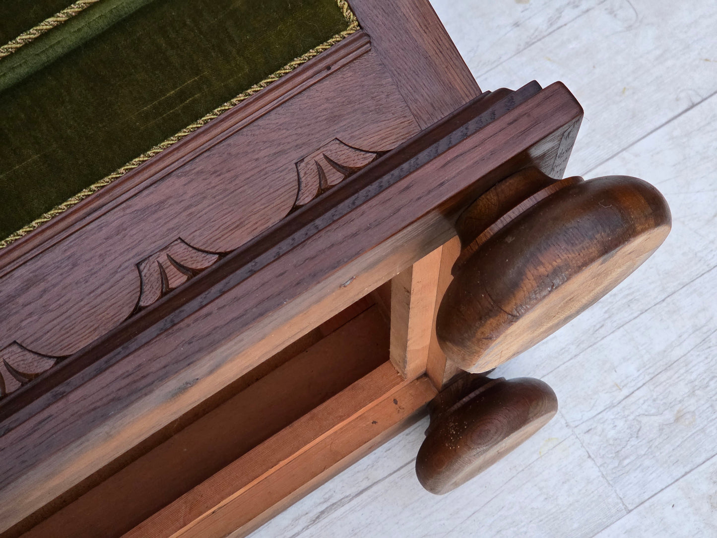 1950s, Danish 2-seater sofa, original green furniture velour, oak wood.