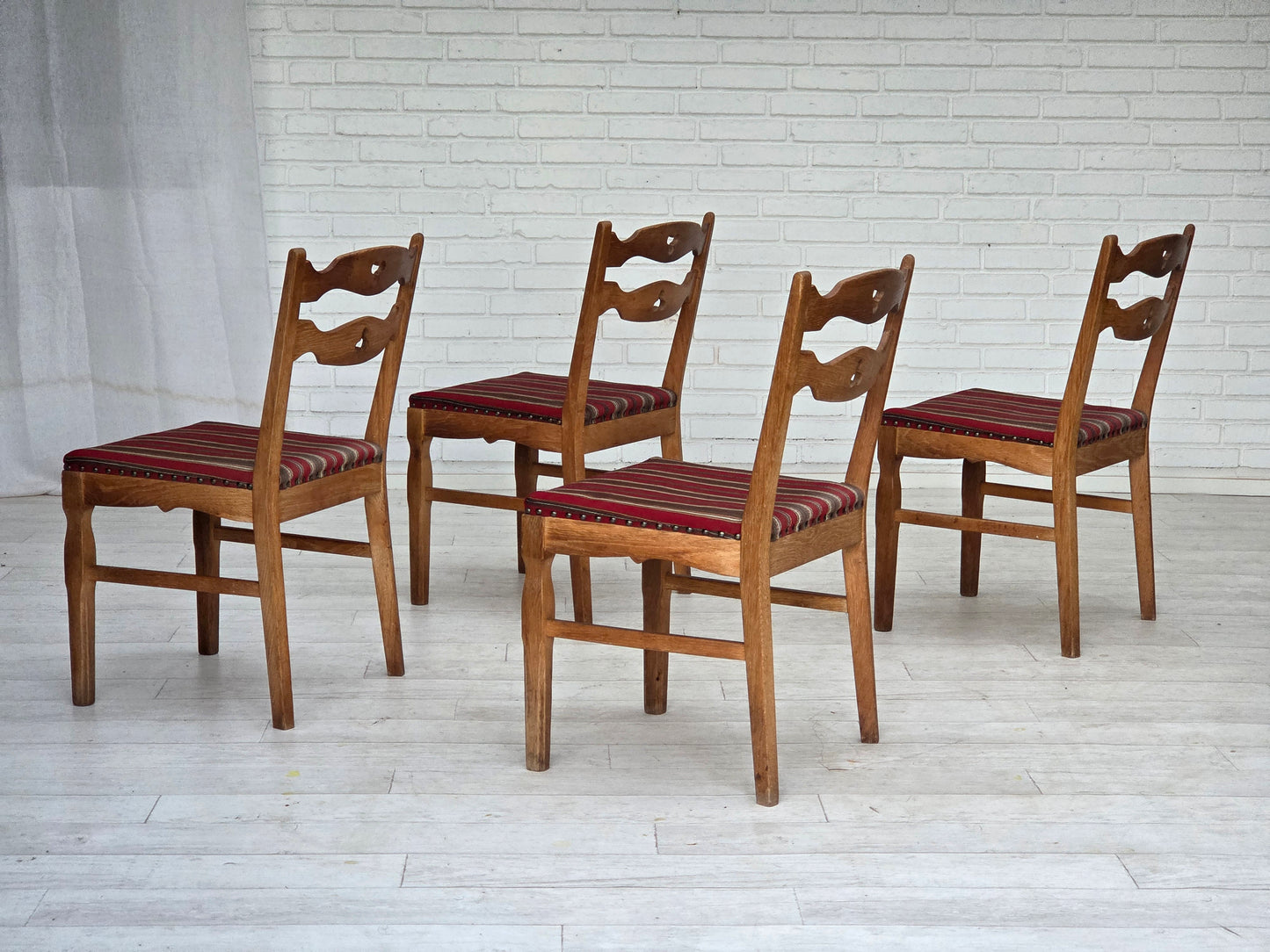 1960s, set of 4 pcs Danish dining chairs, furniture wool, solid oak wood.