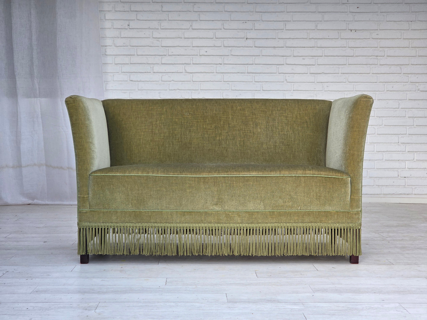 1970s, Danish 2-seater sofa, furniture velour, beech wood legs.